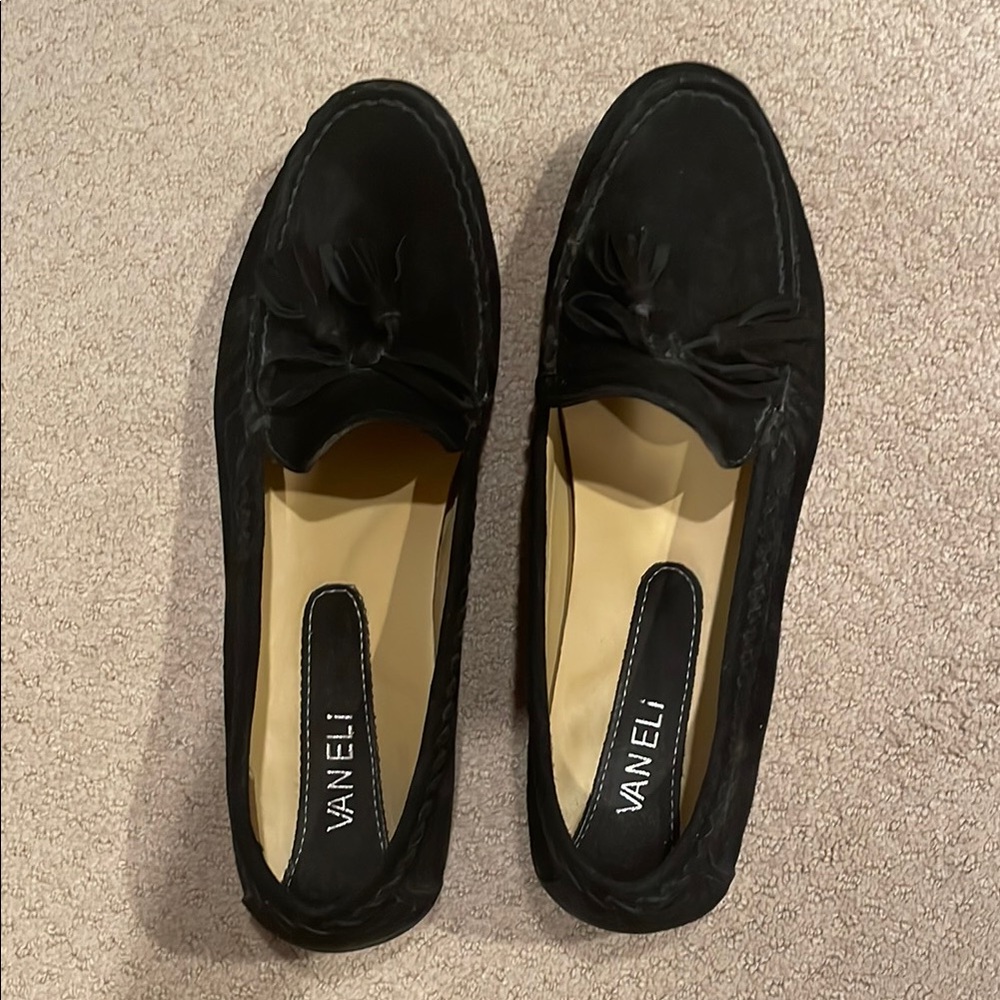 Vaneli Black Suede Flats with Bow Detail